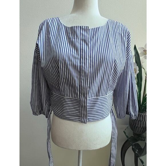 J.O.A Blue White Striped Tie Blouse Puff Sleeve Button Up Minimalist Women's M - Picture 4 of 9